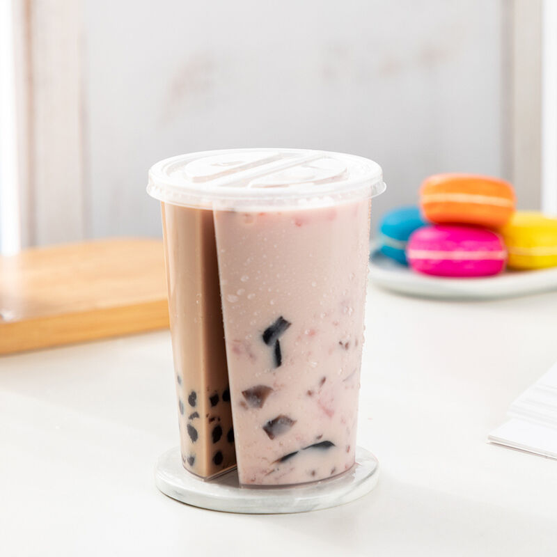 แก้วแบ่ง 2 ช่อง ขนาด 95 มม. สำหรับขายส่ง – แก้วพลาสติกแบบสองด้านพร้อมฝา สำหรับชานมไข่มุก น้ำผลไม้ และเครื่องดื่มผสม