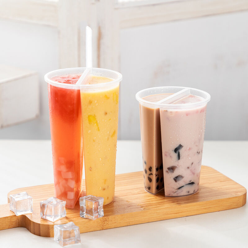 แก้วแบ่ง 2 ช่อง ขนาด 95 มม. สำหรับขายส่ง – แก้วพลาสติกแบบสองด้านพร้อมฝา สำหรับชานมไข่มุก น้ำผลไม้ และเครื่องดื่มผสม